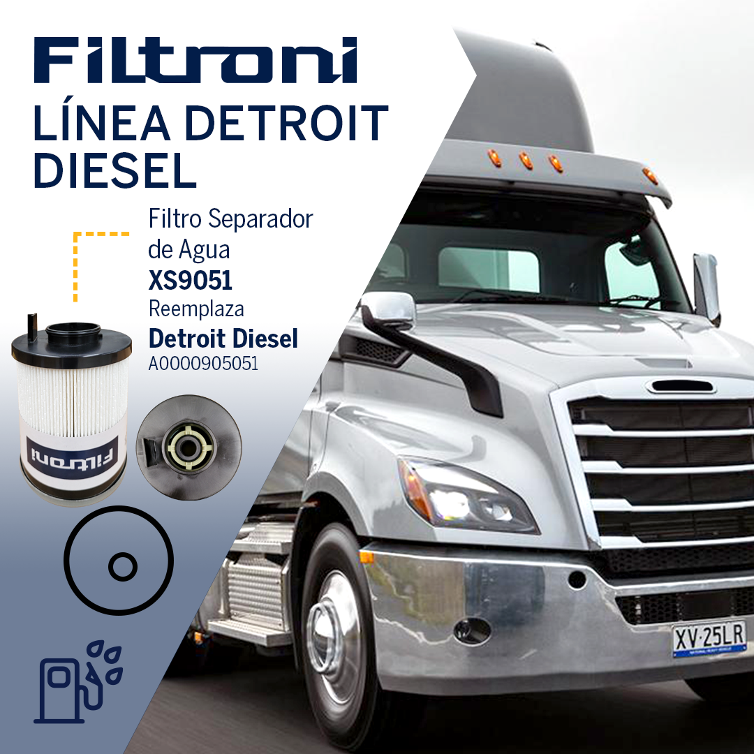XS9051 FILTRONI Filtro de Combustible Separador de Agua Motores Detroit Diesel Numeros de Parte OEM Detroit Diesel A0000905051; Freightliner A485007; Fleetguard FS20083
