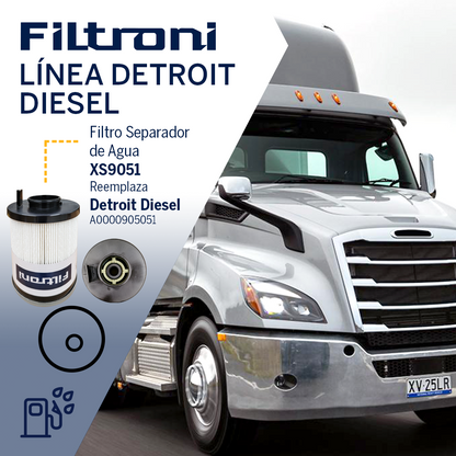 XS9051 FILTRONI Filtro de Combustible Separador de Agua Motores Detroit Diesel Numeros de Parte OEM Detroit Diesel A0000905051; Freightliner A485007; Fleetguard FS20083